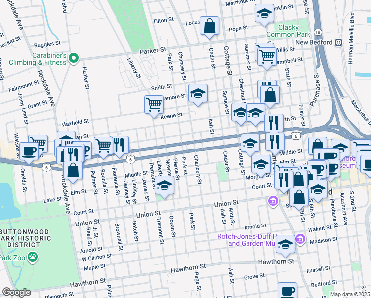 map of restaurants, bars, coffee shops, grocery stores, and more near 485 Kempton Street in New Bedford