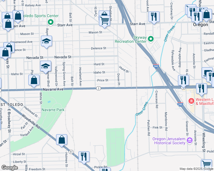 map of restaurants, bars, coffee shops, grocery stores, and more near 2060 Price Street in Toledo