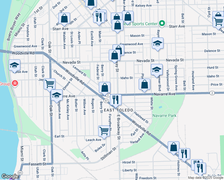 map of restaurants, bars, coffee shops, grocery stores, and more near 745 Forsythe Street in Toledo