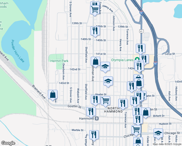 map of restaurants, bars, coffee shops, grocery stores, and more near 4218 Hohman Avenue in Hammond