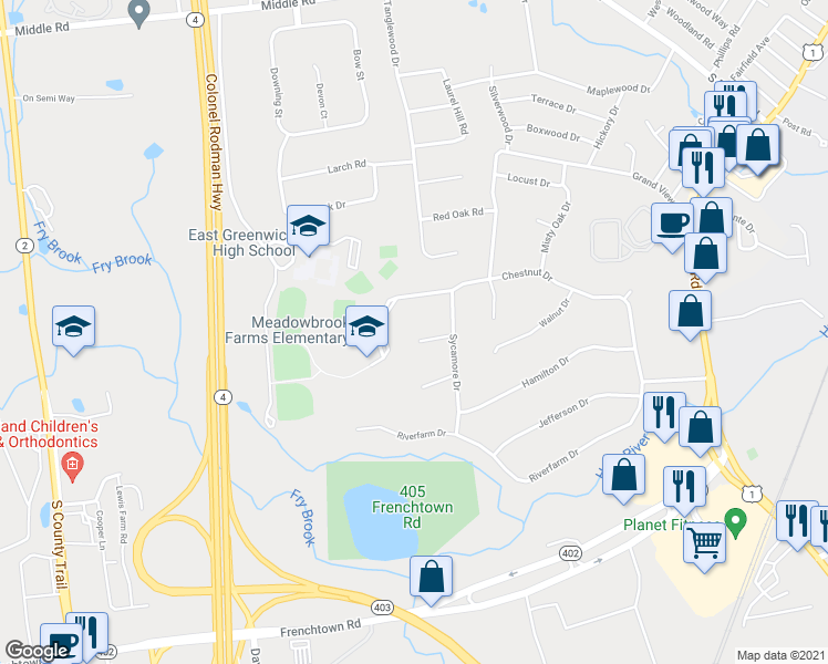 map of restaurants, bars, coffee shops, grocery stores, and more near 31 Cypress Court in East Greenwich