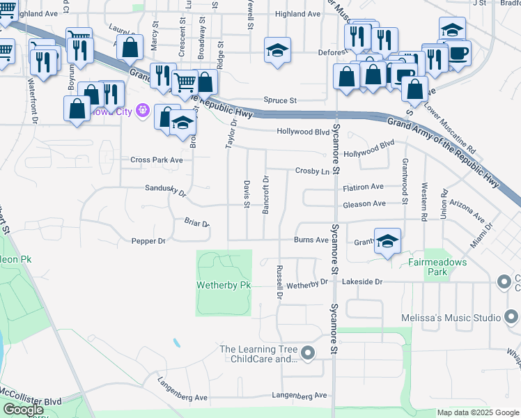 map of restaurants, bars, coffee shops, grocery stores, and more near 1331 Sandusky Dr in Iowa City