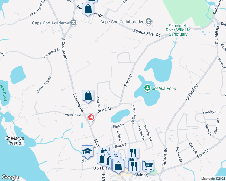 map of restaurants, bars, coffee shops, grocery stores, and more near 40 Waterfield Road in Barnstable