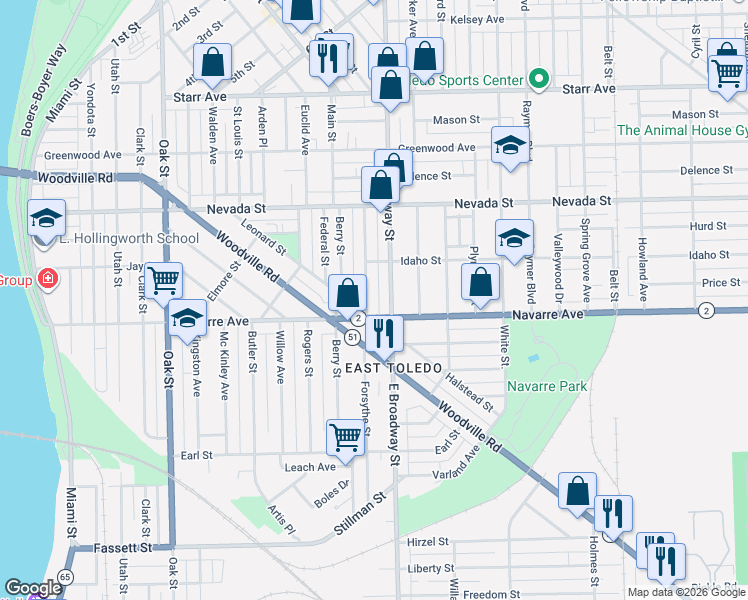 map of restaurants, bars, coffee shops, grocery stores, and more near 745 Forsythe Street in Toledo