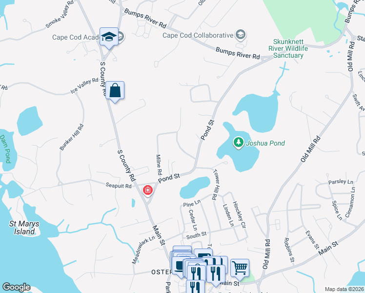 map of restaurants, bars, coffee shops, grocery stores, and more near 40 Waterfield Road in Barnstable
