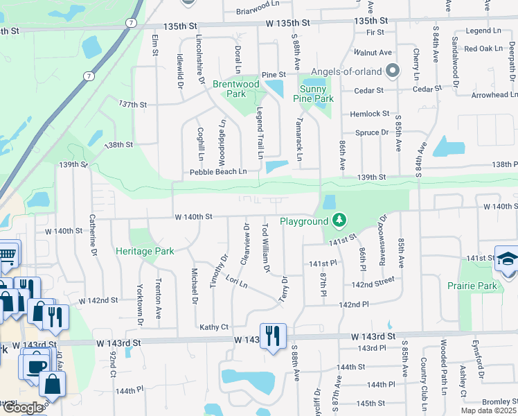 map of restaurants, bars, coffee shops, grocery stores, and more near 8834 West 140th Street in Orland Park