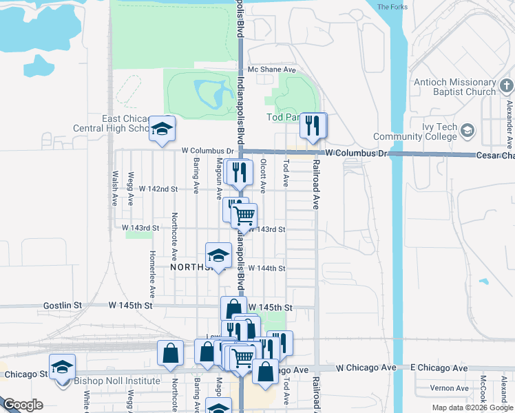map of restaurants, bars, coffee shops, grocery stores, and more near 4220 Olcott Ave in East Chicago