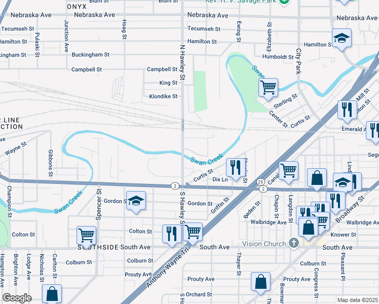 map of restaurants, bars, coffee shops, grocery stores, and more near 1031 Wadsworth Street in Toledo