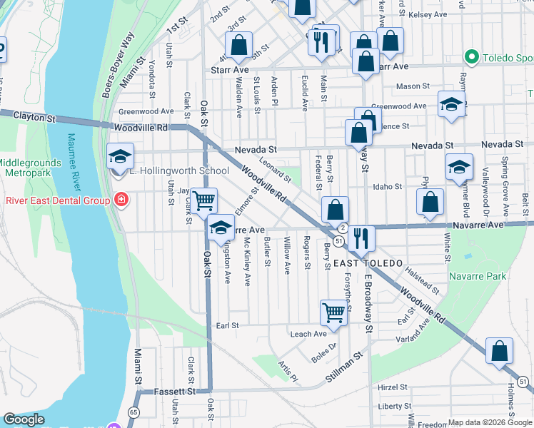 map of restaurants, bars, coffee shops, grocery stores, and more near 638 Church Street in Toledo