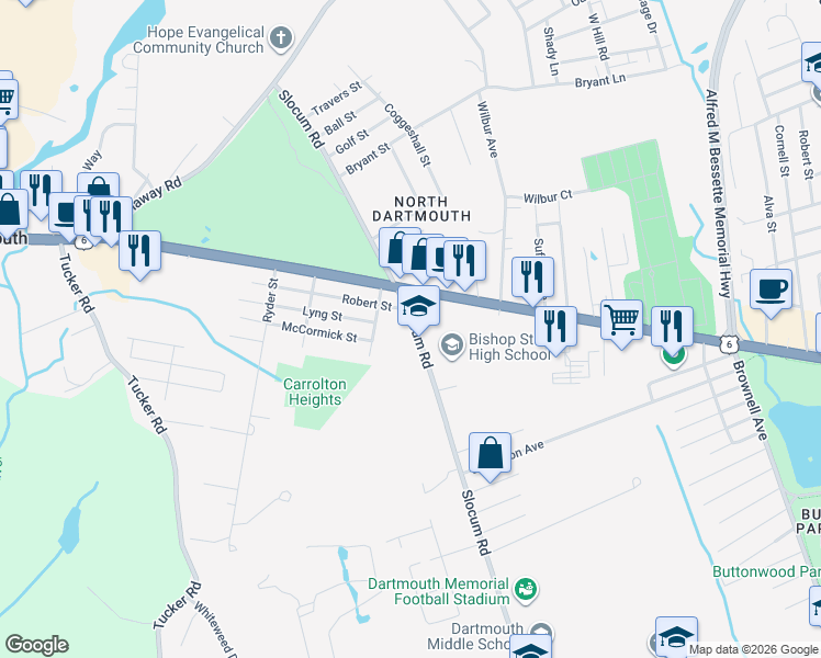 map of restaurants, bars, coffee shops, grocery stores, and more near 521 Slocum Road in Dartmouth