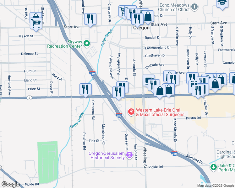 map of restaurants, bars, coffee shops, grocery stores, and more near 2461 Navarre Avenue in Oregon