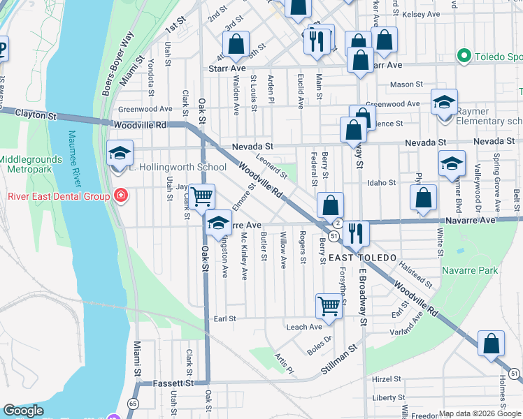 map of restaurants, bars, coffee shops, grocery stores, and more near 638 Church Street in Toledo