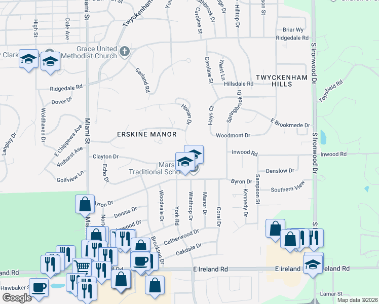map of restaurants, bars, coffee shops, grocery stores, and more near 3625 Sullivan Court in South Bend