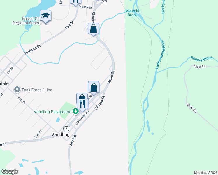 map of restaurants, bars, coffee shops, grocery stores, and more near 694 Main St in Vandling