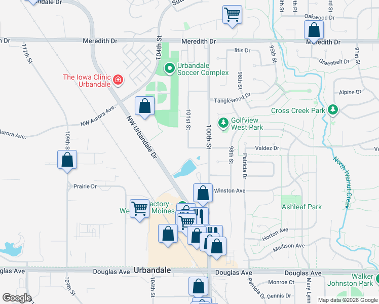 map of restaurants, bars, coffee shops, grocery stores, and more near 10022 Valdez Drive in Urbandale