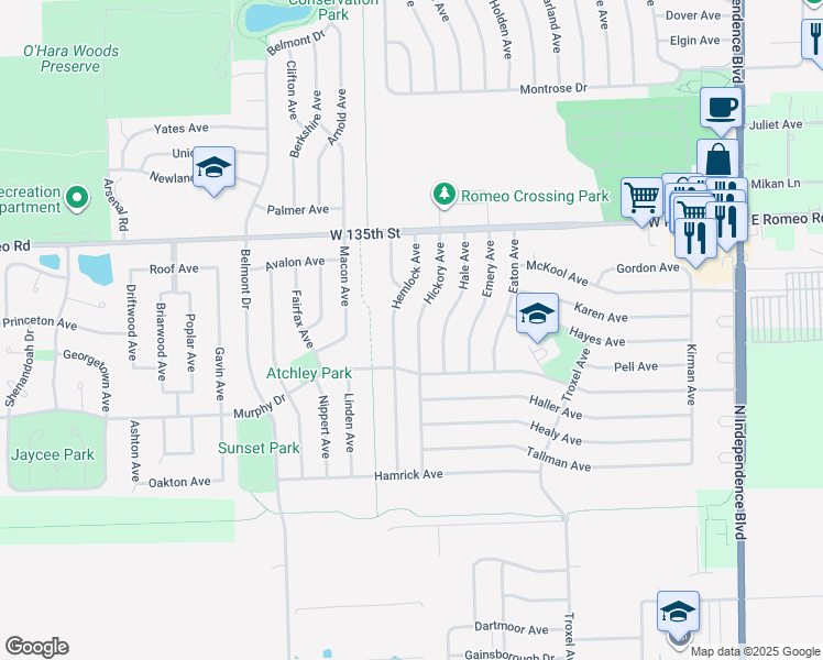 map of restaurants, bars, coffee shops, grocery stores, and more near 314 Hickory Avenue in Romeoville