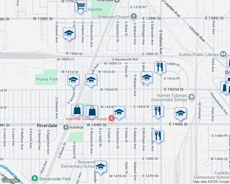 map of restaurants, bars, coffee shops, grocery stores, and more near 14201 South Clark Street in Riverdale