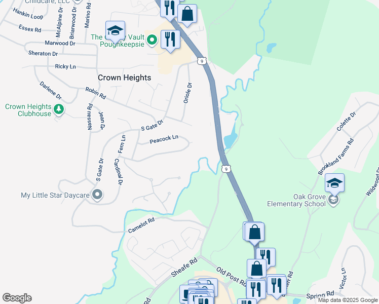 map of restaurants, bars, coffee shops, grocery stores, and more near 7 Cardinal Drive in Poughkeepsie