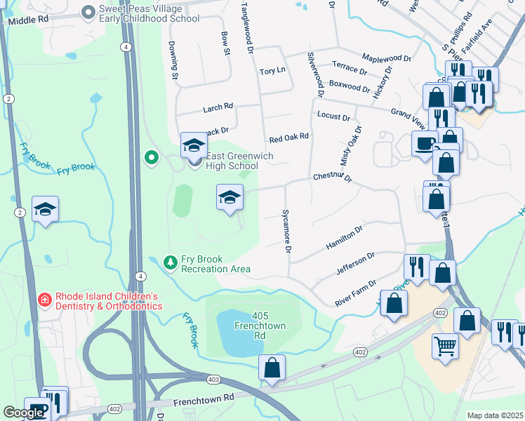 map of restaurants, bars, coffee shops, grocery stores, and more near 31 Cypress Court in East Greenwich
