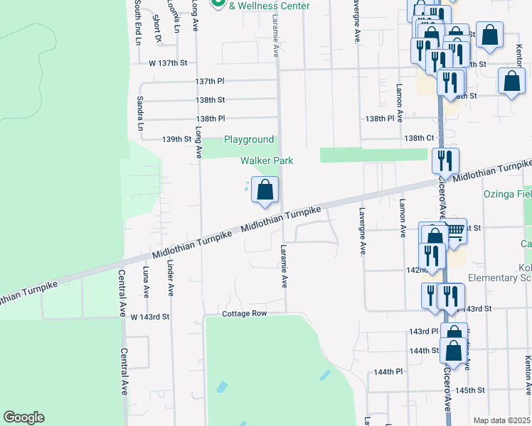 map of restaurants, bars, coffee shops, grocery stores, and more near 5202 West Midlothian Turnpike in Crestwood