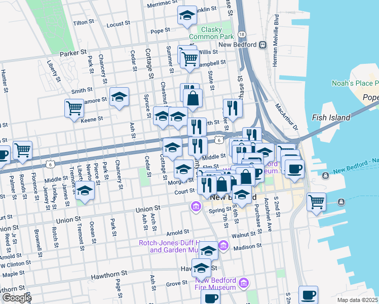 map of restaurants, bars, coffee shops, grocery stores, and more near in New Bedford