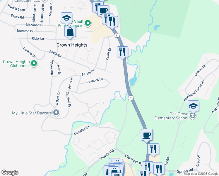 map of restaurants, bars, coffee shops, grocery stores, and more near 7 Cardinal Drive in Poughkeepsie