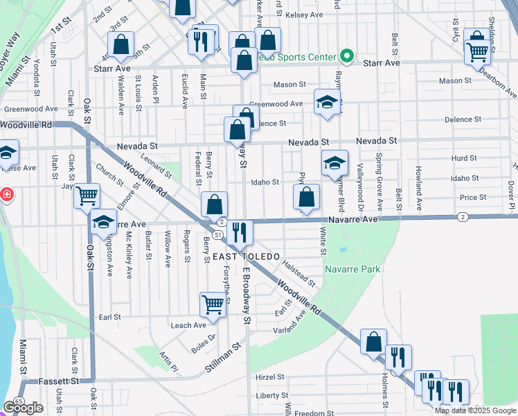 map of restaurants, bars, coffee shops, grocery stores, and more near 737 East Broadway Street in Toledo