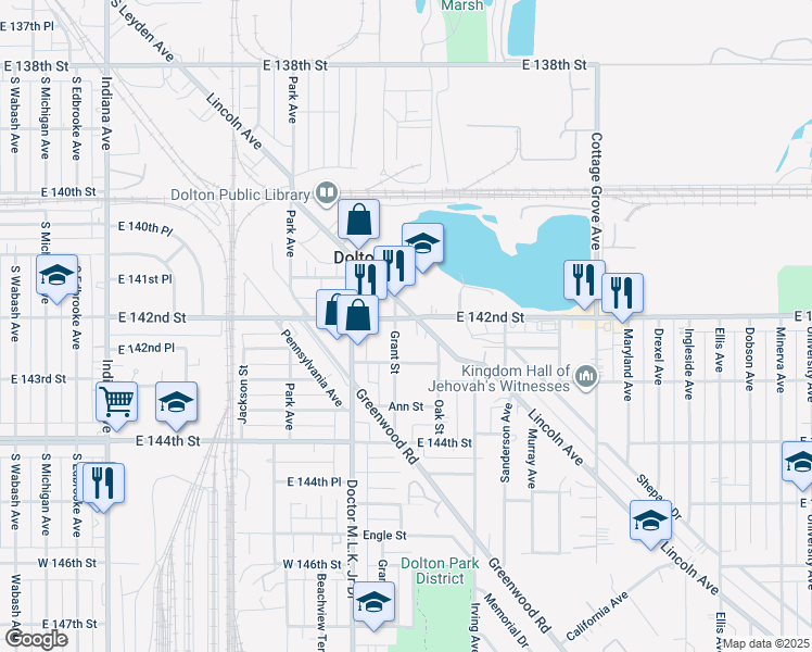 map of restaurants, bars, coffee shops, grocery stores, and more near 631 East 142nd Street in Dolton