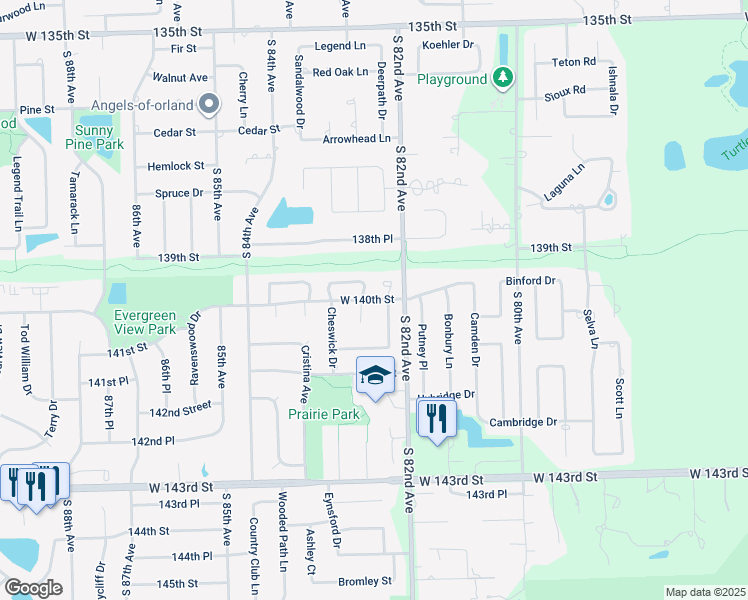 map of restaurants, bars, coffee shops, grocery stores, and more near 140244 Chelsea Drive in Orland Park