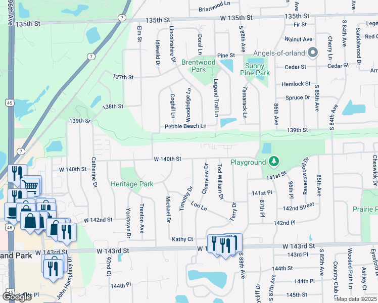 map of restaurants, bars, coffee shops, grocery stores, and more near 8924 West 140th Street in Orland Park