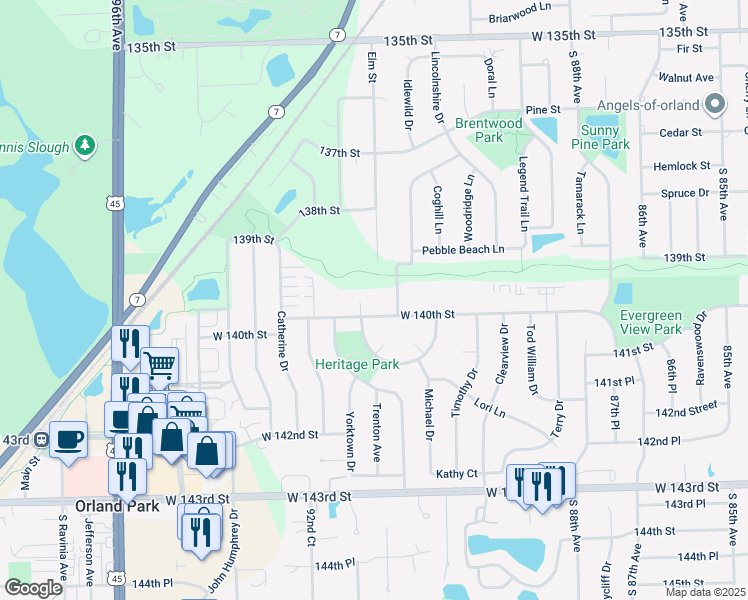 map of restaurants, bars, coffee shops, grocery stores, and more near 9114 West 140th Street in Orland Park