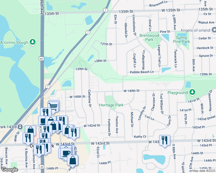 map of restaurants, bars, coffee shops, grocery stores, and more near 9146 West 140th Street in Orland Park