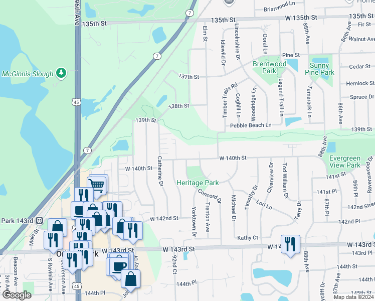 map of restaurants, bars, coffee shops, grocery stores, and more near 9146 West 140th Street in Orland Park
