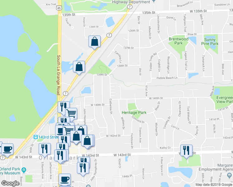 map of restaurants, bars, coffee shops, grocery stores, and more near 9229 Auburn Court in Orland Park