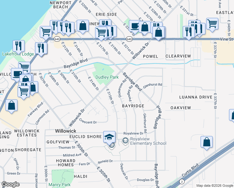 map of restaurants, bars, coffee shops, grocery stores, and more near 584 Dickerson Road in Willowick