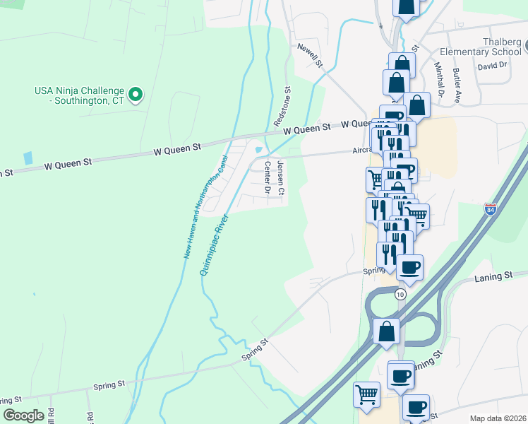 map of restaurants, bars, coffee shops, grocery stores, and more near 3 Center Drive in Southington