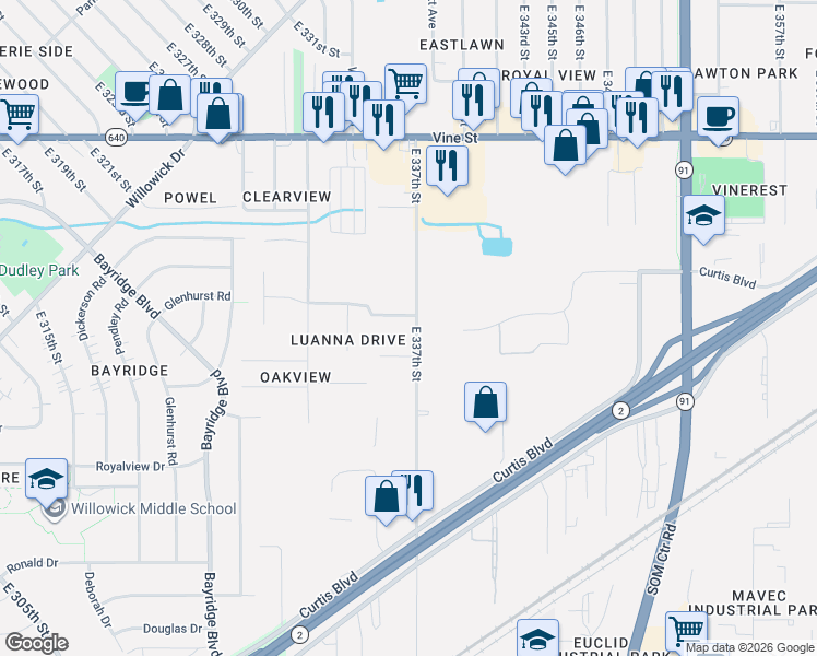 map of restaurants, bars, coffee shops, grocery stores, and more near 1602 East 337th Street in Eastlake