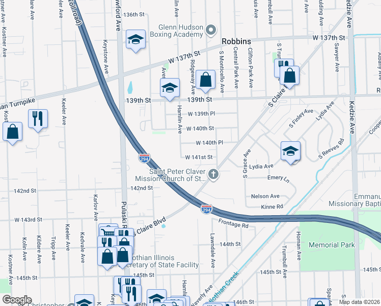 map of restaurants, bars, coffee shops, grocery stores, and more near 3738 West 141st Street in Robbins