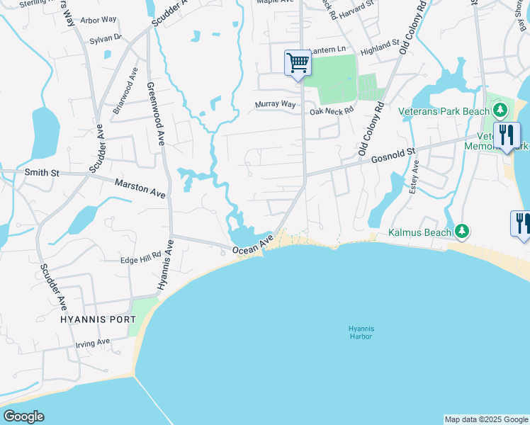 map of restaurants, bars, coffee shops, grocery stores, and more near 5 Houghton Road in Barnstable