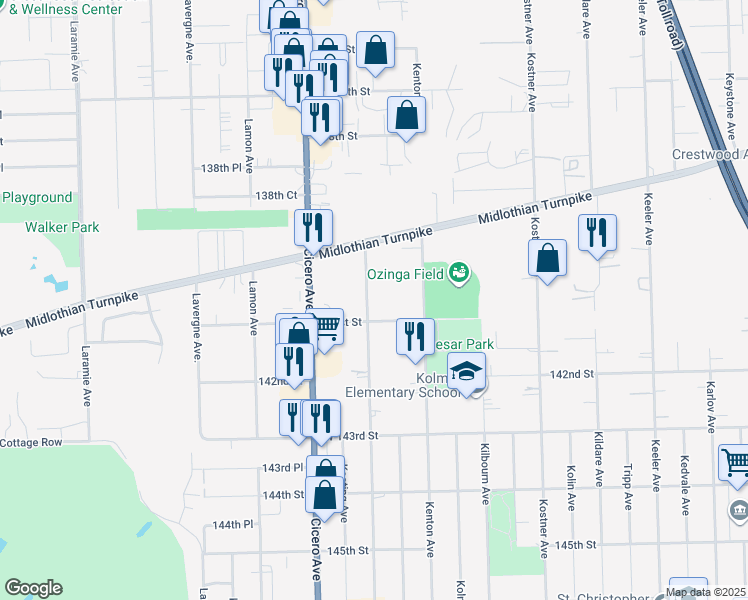map of restaurants, bars, coffee shops, grocery stores, and more near 14049 Kilpatrick Avenue in Crestwood