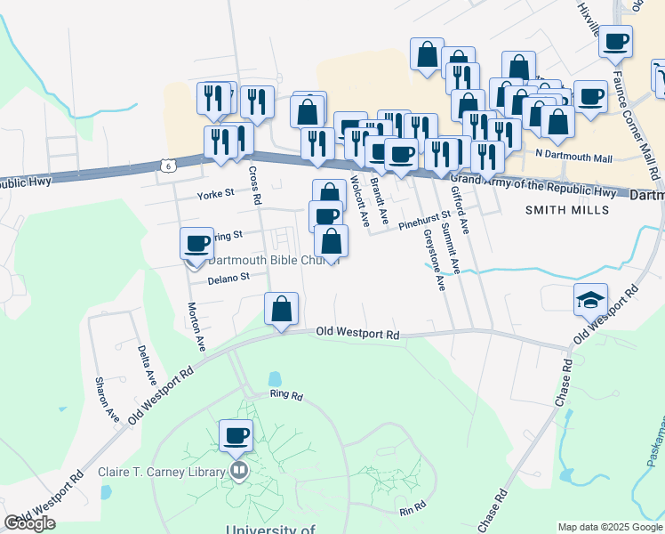 map of restaurants, bars, coffee shops, grocery stores, and more near 479 State Road in Dartmouth