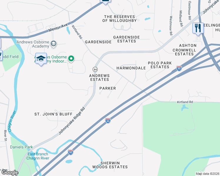 map of restaurants, bars, coffee shops, grocery stores, and more near 4292 West Bend Drive in Willoughby