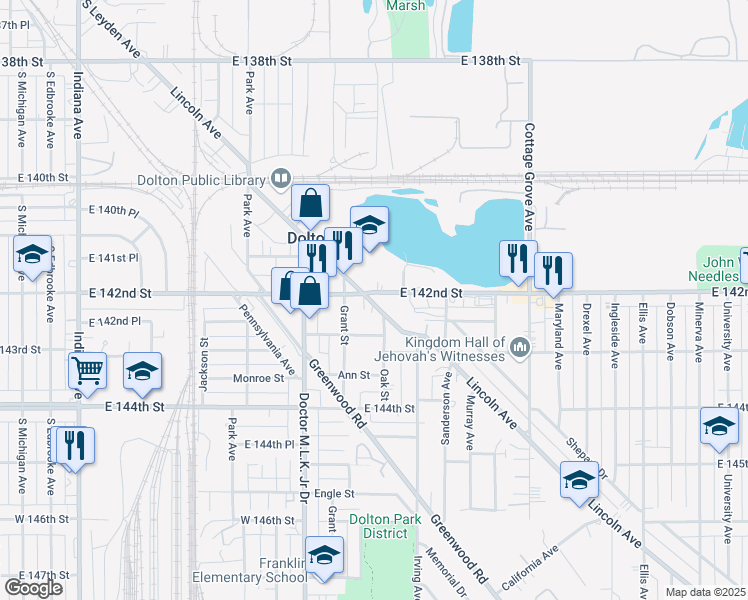 map of restaurants, bars, coffee shops, grocery stores, and more near 14209 Lincoln Ave in Dolton