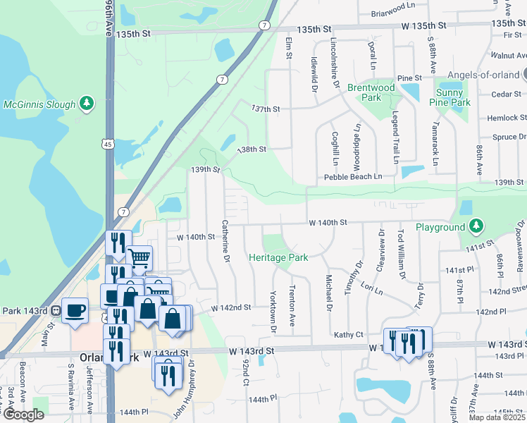 map of restaurants, bars, coffee shops, grocery stores, and more near 9146 West 140th Street in Orland Park