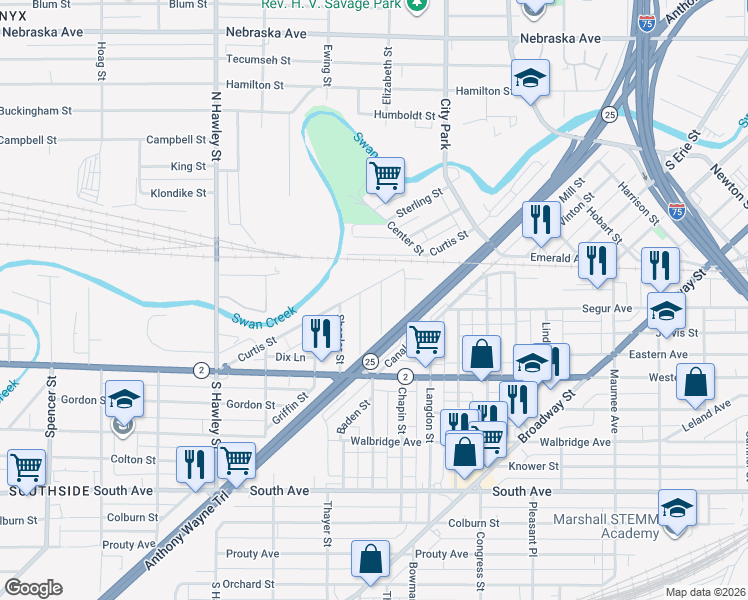 map of restaurants, bars, coffee shops, grocery stores, and more near 208 Charles St in Toledo
