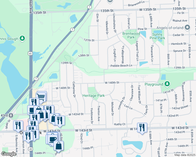 map of restaurants, bars, coffee shops, grocery stores, and more near 9114 West 140th Street in Orland Park