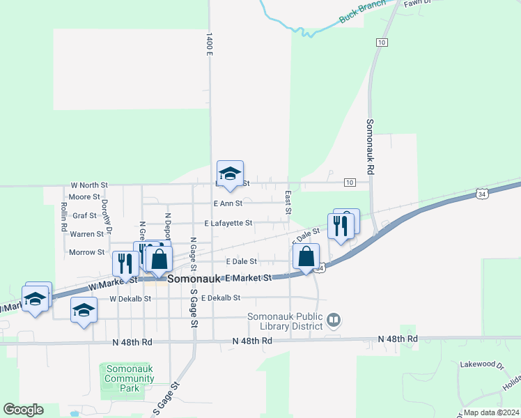 map of restaurants, bars, coffee shops, grocery stores, and more near 415 East Ann Street in Somonauk