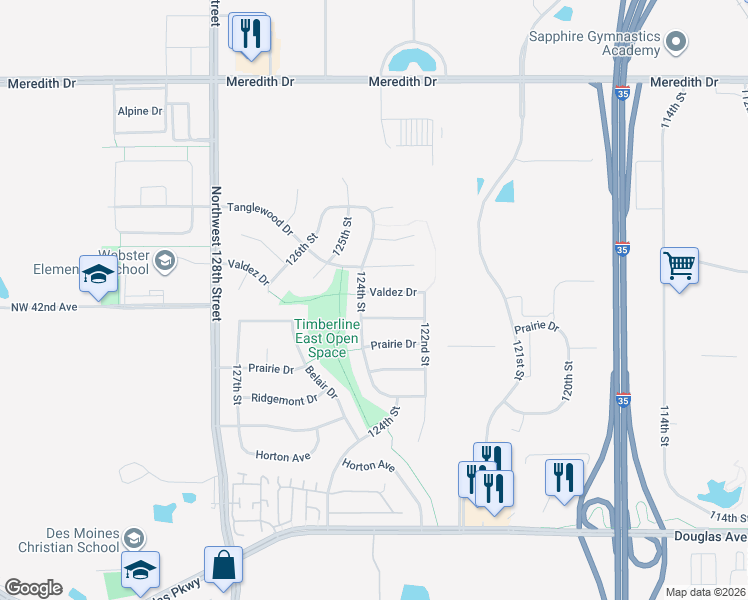 map of restaurants, bars, coffee shops, grocery stores, and more near 12320 Valdez Dr in Urbandale