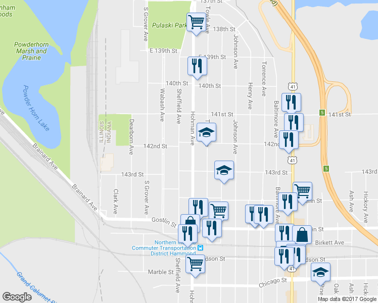 map of restaurants, bars, coffee shops, grocery stores, and more near 4218 Hohman Ave in Hammond