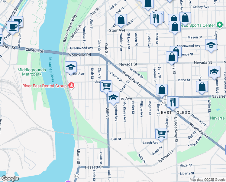 map of restaurants, bars, coffee shops, grocery stores, and more near 567 Viking St in Toledo